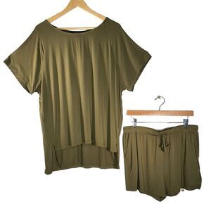 SYZRI Women's Olive Green Two Piece Lounge Set Short Sleeve Shirt & Shorts XL